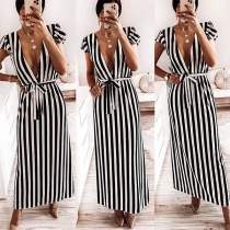 Sexy Deep V-neck Short Sleeve Striped Dress