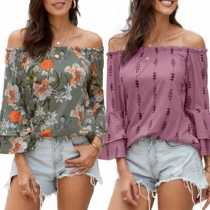 Sexy Off-shoulder Boat Neck Trumpet Sleeve Printed Top