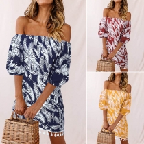 Sexy Off-shoulder Boat Neck Half Sleeve Tassel Hem Printed Dress