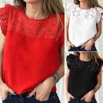 Sweet Style Lotus Sleeve Round Neck Solid Color Top