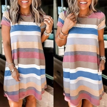 Fashion Short Sleeve Round Neck Colorful Striped Dress
