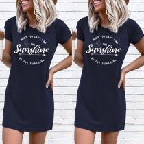 Fashion Letters Printed Short Sleeve Round Neck T-shirt Dress