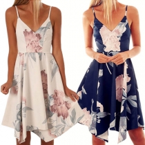 Sexy Backless V-neck Irregular Hem Printed Sling Dress