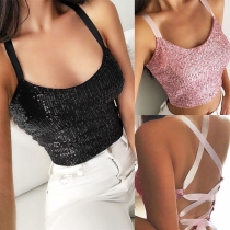 Sexy Backless Sequin Sling Crop Top