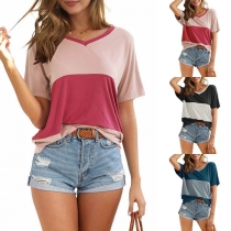 Fashion Contrast Color Short Sleeve V-neck T-shirt