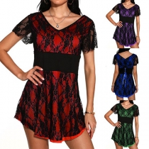 Sexy Lace Spliced Short Sleeve V-neck High Waist Dress