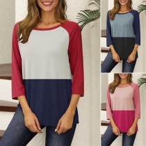 Fashion Contrast Color 3/4 Sleeve Round Neck Loose T-shirt
