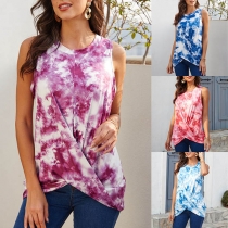Fashion Tie-dye Printed Sleeveless Crossover Hem T-shirt