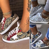 Sports Style Flat Heel Lace-up Serpentine Printed Sneakers