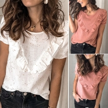 Sweet Style Short Sleeve Round Neck Solid Color Ruffle Top
