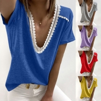 Sexy Lace Spliced Short Sleeve V-neck T-shirt