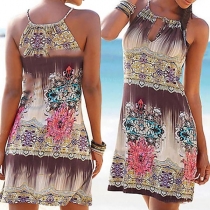 Sexy Off-shoulder V-neck Printed Sling Beach Dress