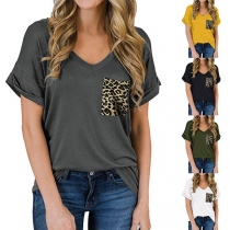 Fashion Leopard Spliced Short Sleeve V-neck T-shirt