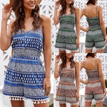 Sexy Backless V-neck Tassel Hem High Waist Printed Sling Romper