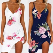 Sexy Backless V-neck Slit Hem Slim Fit Printed Sling Dress