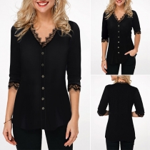 Fashion Solid Color Lace Spliced Half Sleeve V-neck Shirt