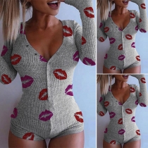Chic Style Long Sleeve V-neck Lips Printed Romper