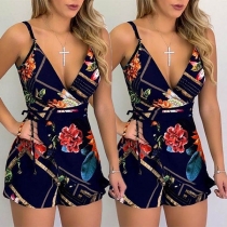 Sexy Backless V-neck Slim Fit Asymmetric Print Sling Romper(The size runs small)