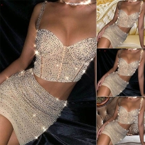 Sexy Backless Sequin Sling Crop Top + Skirt Two-piece Set