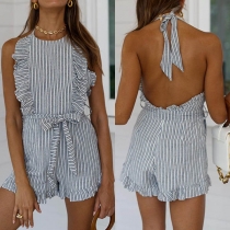 Sexy Backless Round Neck Ruffle Striped Romper