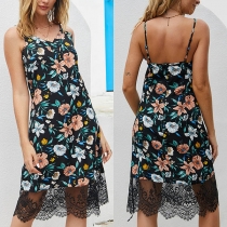 Sexy Backless V-neck Lace Spliced Hem Printed Sling Dress