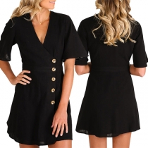 OL Style Short Sleeve V-neck Solid Color Dress