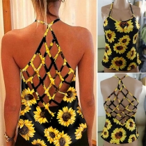Sexy Hollow Out Backless Sunflower Printed Halter Top