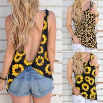 Sexy Backless Sleeveless Round Neck Sunflower Printed Top