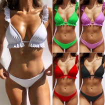 Sexy Low-waist Solid Color Ruffle Bikini Set