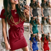 Fashion Solid Color Short Sleeve Round Neck Dress with Waist Strap