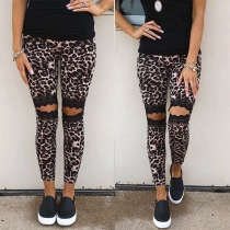 Sexy Hollow Out Lace Spliced Leopard Printed Pants