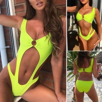 Sexy Backless Hollow Out Solid Color One-piece Swimsuit
