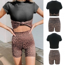 Fashion Leopard Printed Short Sleeve Crop Top + Shorts Two-piece Set