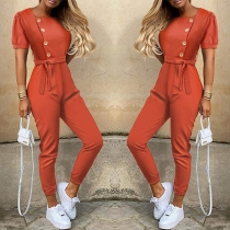 Fashion Solid Color Short Sleeve Square Collar High Waist Jumpsuit