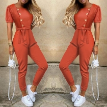 Fashion Solid Color Short Sleeve Square Collar High Waist Jumpsuit
