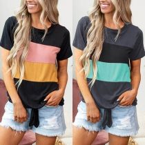 Fashion Contrast Color Short Sleeve Round Neck Knotted Hem T-shirt