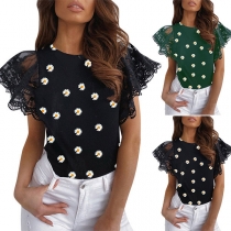 Fashion Lace Spliced Short Sleeve Round Neck Daisy Printed T-shirt