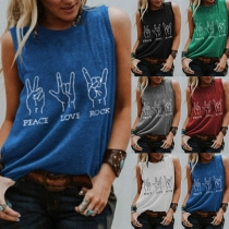 Casual Style Sleeveless Round Neck Finger Printed T-shirt