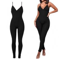 Sexy Backless V-neck Solid Color Slim Fit Sling Jumpsuit