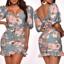 Fashion Puff Sleeve Square Collar Slim Fit Printed Dress