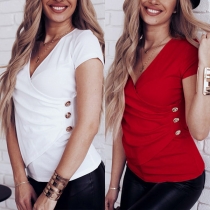 Fashion Short Sleeve V-neck Solid Color T-shirt