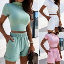 Fashion Solid Color Short Sleeve Crop Top + High Waist Shorts Two-piece Set(The size runs small)