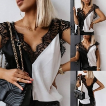 Sexy Lace Spliced V-neck Sleeveless Contrast Color Top
