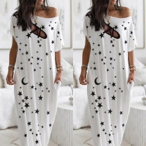 Fashion Oblique Shoulder Short Sleeve Star Printed Hollow Out Dress