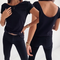 Sexy Backless Short Sleeve Round Neck Solid Color T-shirt