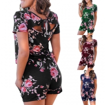 Sexy Backless Short Sleeve Round Neck Printed Romper