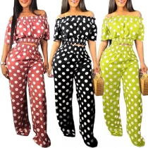 Fashion Short Sleeve V-neck Dots Printed Top + Pants Two-piece Set