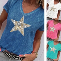 Fashion Sequin Star Printed Short Sleeve V-neck T-shirt