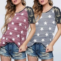 Fashion Contrast Color Star Printed Short Sleeve T-shirt