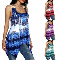 Sexy Lace Spliced Backless Irregular Hem Printed Sling Top